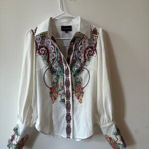 The Sang Floral White Long Sleeve Button Down Blouse, Small